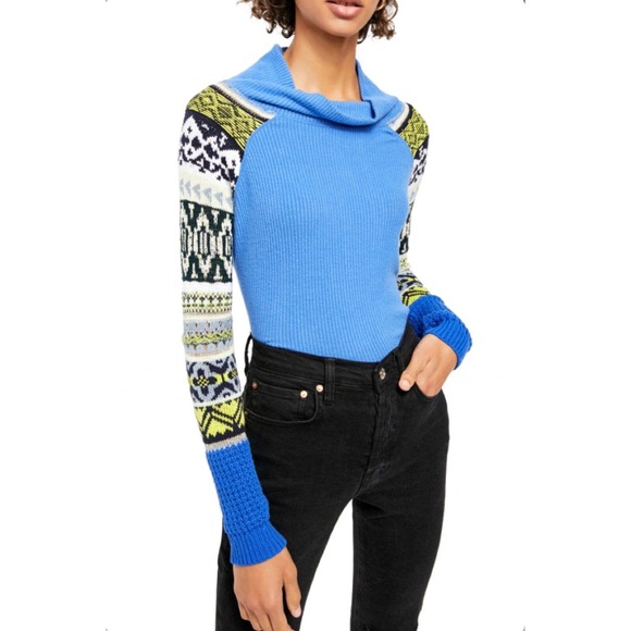 Free People Sweaters - NEW FREE PEOPLE WOMEN BLUE FAIR ISLE RAGLAN SLEEVE COWL NECK PULLOVER SWEATER XS